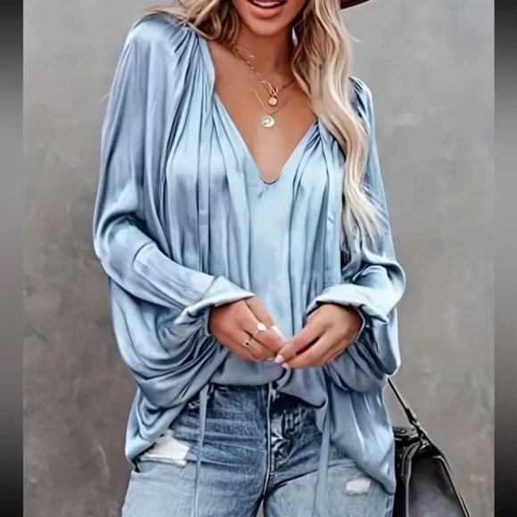 Luxe Satin Neck Tie Lantern Long sleeve Blouse - Picture 6 of 13